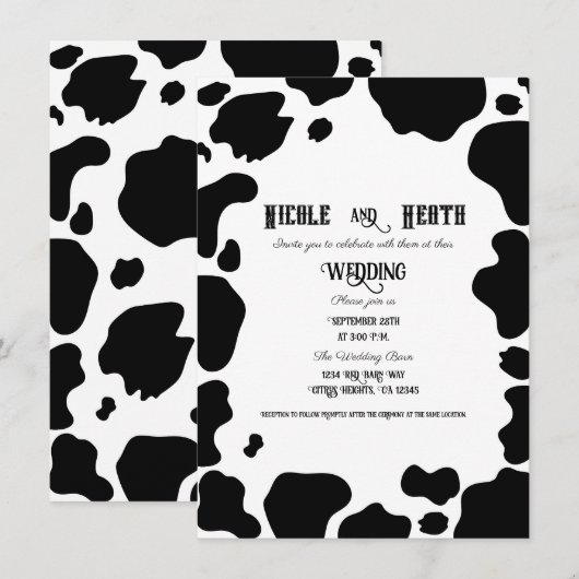 Invitation Taches de vache imprimées noir et blanc mariage à  (Devant / Derrière)