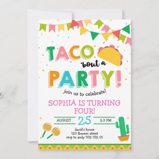 Invitation Taco à propos de la fête Fille Fiesta Anniversaire (Devant)