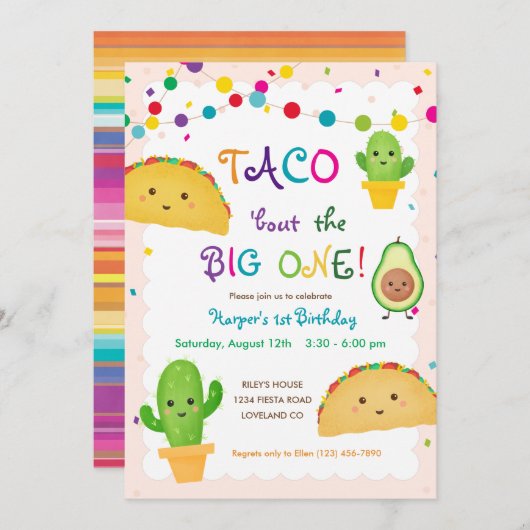 Invitation Taco à propos du BIG ONE - fiesta thème 1er annive (Devant / Derrière)