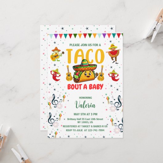 Invitation taco à propos d'une fête mexicaine baby shower (Devant/Arrière en situation)