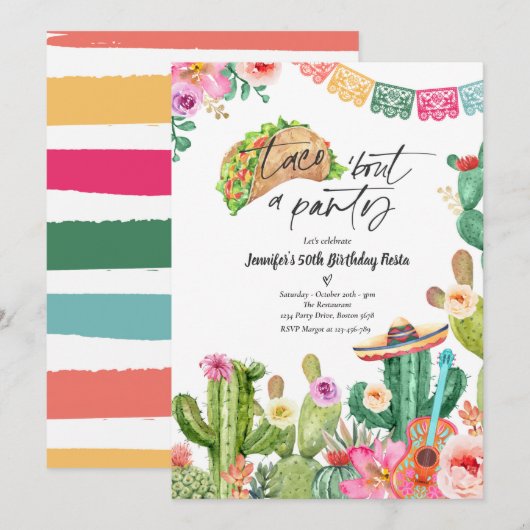 Invitation Taco 'Bout A Party 50e anniversaire Fiesta Cactus (Devant / Derrière)