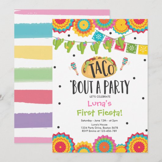 Invitation Taco 'Bout a Party Girl First Fiesta Birthday (Devant / Derrière)