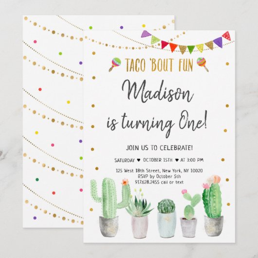 Invitation Taco 'Bout Fun Gold Fiesta premier anniversaire (Devant / Derrière)