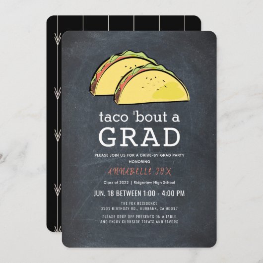 Invitation Taco Bout GRAD Chalkboard Drive-by Blk Graduation (Devant / Derrière)