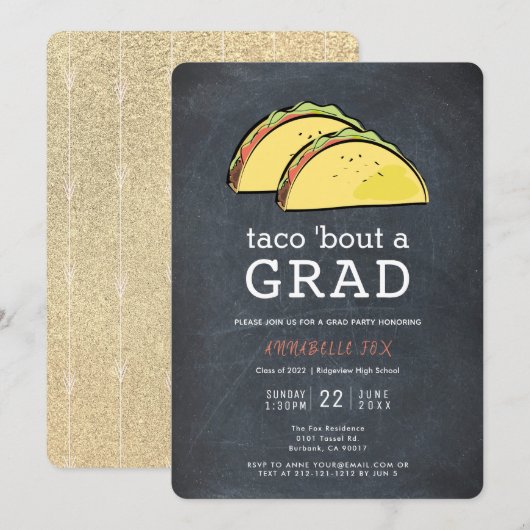 Invitation Taco Bout GRAD Chalkboard Gold Graduation Party (Devant / Derrière)