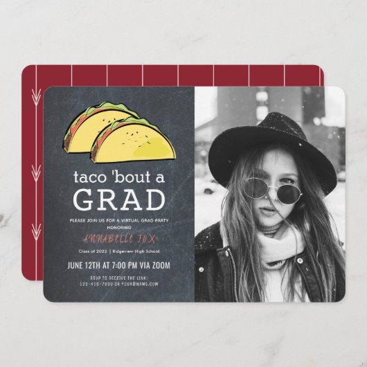 Invitation Taco Bout GRAD Photo Chkbd Red Virtual Graduation (Devant / Derrière)