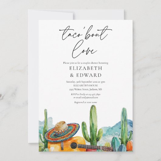 Invitation Taco Bout Love Aquarelle Cactus Couples Douche (Devant)