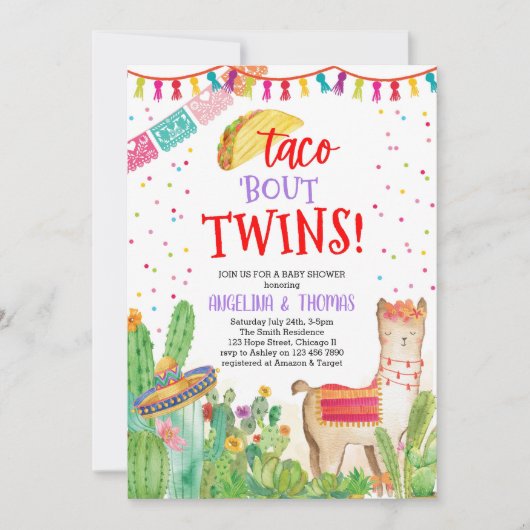 Invitation Taco Bout Twins Fiesta Llama Baby shower mexicain (Devant)