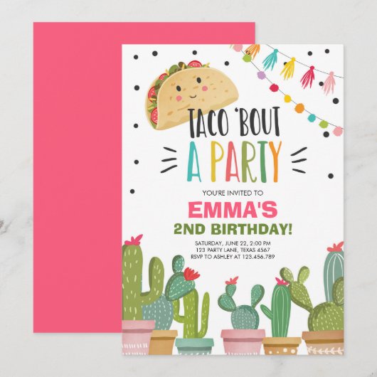 Invitation Taco Bout, une fête Fête rose Cactus d'anniversair (Devant / Derrière)