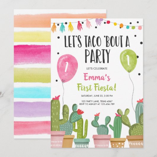 Invitation Taco Bout une fête Fille rose Premier anniversaire (Devant / Derrière)