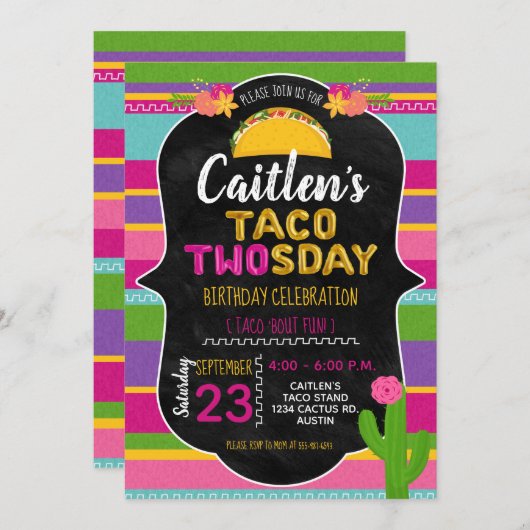 Invitation Taco Deux Filles Deuxième Anniversaire (Devant / Derrière)