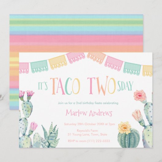 Invitation Taco Deux Jours 2E Fête D'Anniversaire Fiesta Pour (Devant / Derrière)