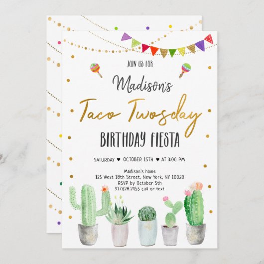 Invitation Taco Deux Jours Fiesta Or Anniversaire (Devant / Derrière)