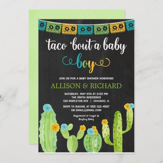 Invitation Taco sur un bébé, baby shower de Fiesta cactus (Devant / Derrière)