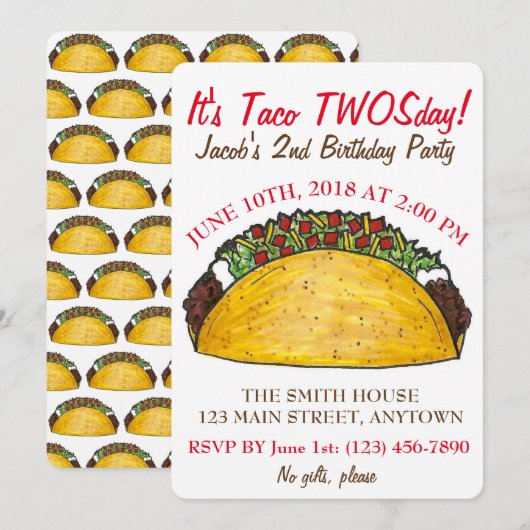 Invitation Taco TWOSday Mardi 2 Anniversaire fête Fiesta (Devant / Derrière)