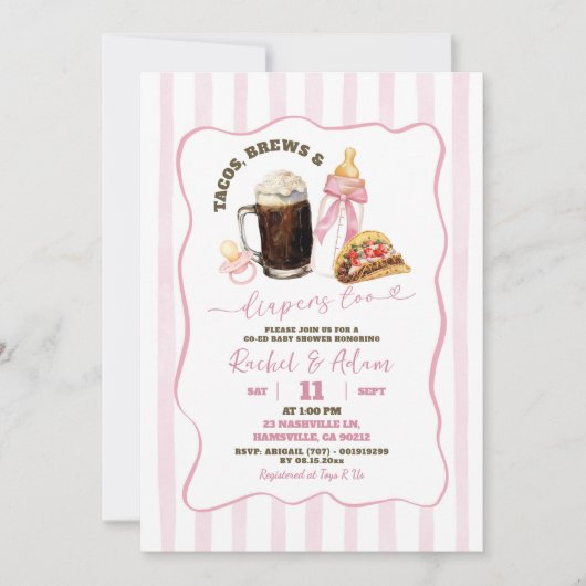 Invitation Tacos rose brasse Diapeurs Baby shower fille (Devant)
