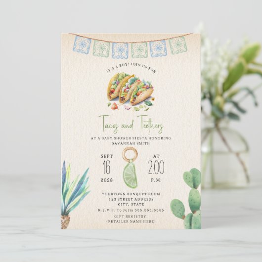 Invitation Tacos & Teethers Baby shower garçon Fiesta (Debout devant)