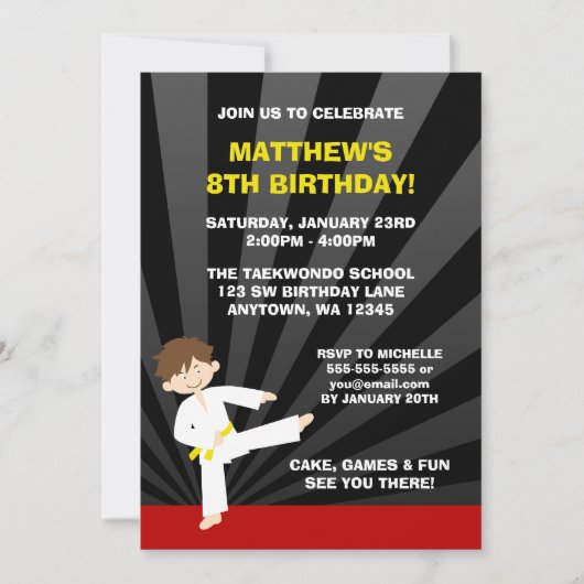 Invitation Taekwondo Karate Ceinture jaune Anniversaire Invit (Devant)