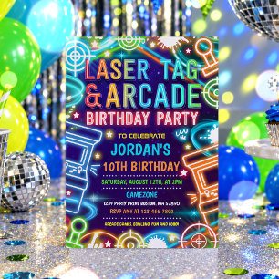 Invitation Tag Laser Neon Glow Et Arcade Anniversaire