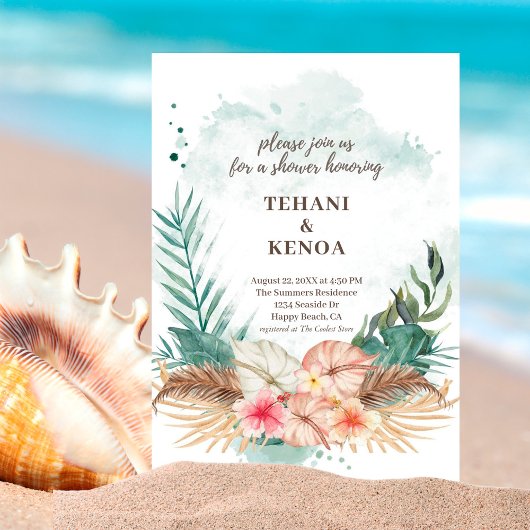 Invitation Tahiti | Hibiscus Tropical Palms Couples Douche