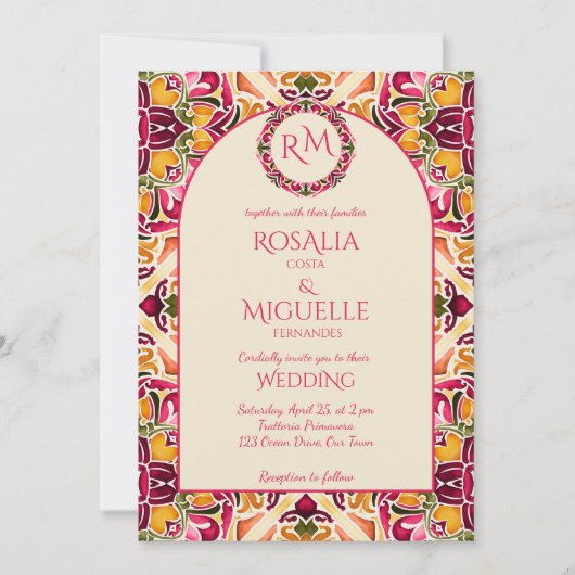 Invitation Talavera azulejo pink tile vintage Mexican wedding (Devant)