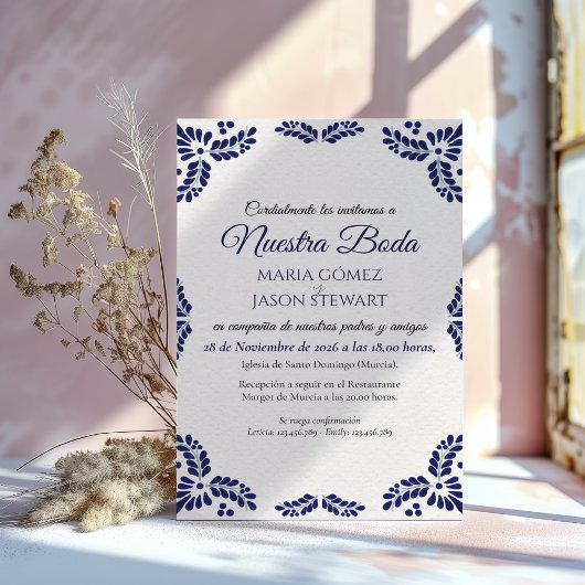 Invitation Talavera Blue Floral Minimalist Spanish Wedding
