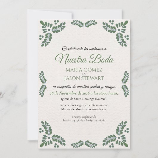Invitation Talavera Green Floral Minimalist Spanish Wedding (Devant)