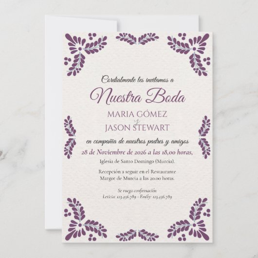 Invitation Talavera Purple Floral Minimalist Spanish Wedding (Devant)