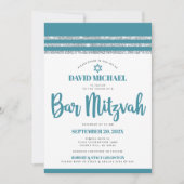 Invitation Tallit Bar Mitzvah simple moderne argent sarcelle  (Devant)