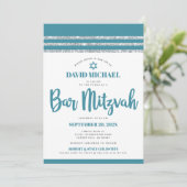 Invitation Tallit Bar Mitzvah simple moderne argent sarcelle  (Debout devant)