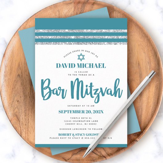 Invitation Tallit Bar Mitzvah simple moderne argent sarcelle 