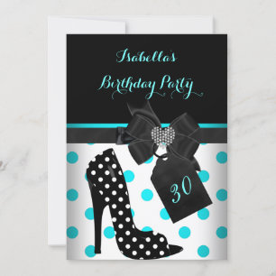 Invitation Talons couleur sarcelle noir blanc coeur pois fête