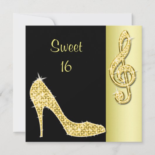 Invitation Talons dorés & Clé de sol Sweet 16 Anniversaire (Devant)