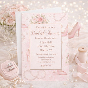 Invitation Talons et Perles de Mariage Rose Pâle pour la Fête