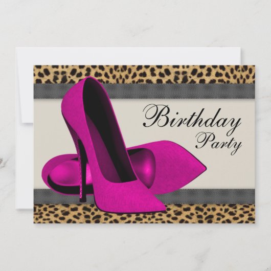 Invitation Talons Hauts Anniversaire Rose Fuschia Léopard (Devant)