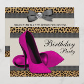 Invitation Talons Hauts Anniversaire Rose Fuschia Léopard (Devant / Derrière)