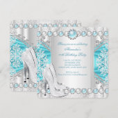 Invitation Talons hauts argentés sarcelle Anniversaire perle (Devant / Derrière)