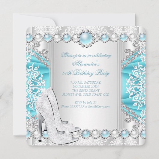 Invitation Talons hauts argentés sarcelle Anniversaire perle (Devant)
