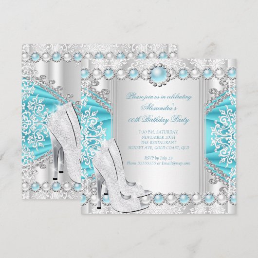 Invitation Talons hauts argentés sarcelle Anniversaire perle (Devant / Derrière)