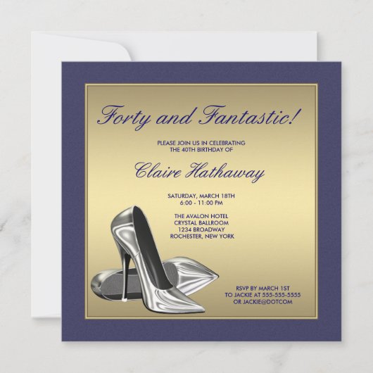 Invitation Talons Hauts Bleu Or Femme 40e Anniversaire (Devant)