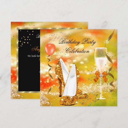 Invitation Talons Hauts Dorés Paillettes Orange Anniversaire (Devant / Derrière)