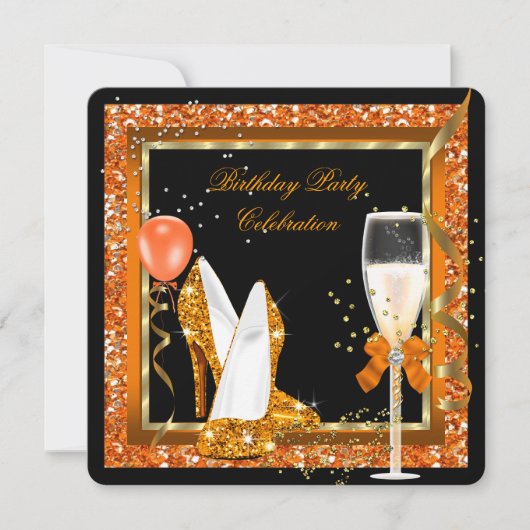 Invitation Talons Hauts Dorés Paillettes Orange Anniversaire (Devant)