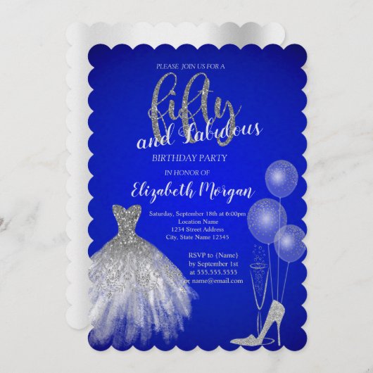 Invitation Talons hauts en argent, Robe, Champagne Bleu 50e (Devant / Derrière)
