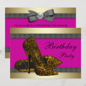 Invitation Talons Hauts et Anniversaire Rose Fuchsia Léopard (Devant / Derrière)
