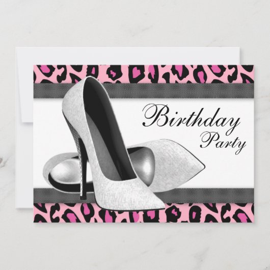 Invitation Talons Hauts et Anniversaire Thème Léopard Rose Ch (Devant)