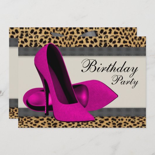 Invitation Talons Hauts Fête d'Anniversaire Rose Léopard (Devant / Derrière)