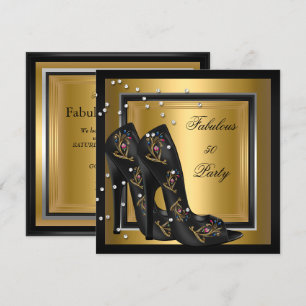 Invitation Talons Hauts Fleuris Or Noir pour la Fête d'Annive