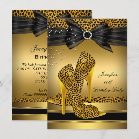 Invitation Talons Hauts Léopard Doré Nœud Noir Fête d'Anniver (Devant / Derrière)