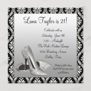Invitation Talons hauts pailletés noir damas fête d'anniversa