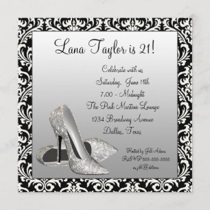 Invitation Talons hauts pailletés noir damas fête d'anniversa